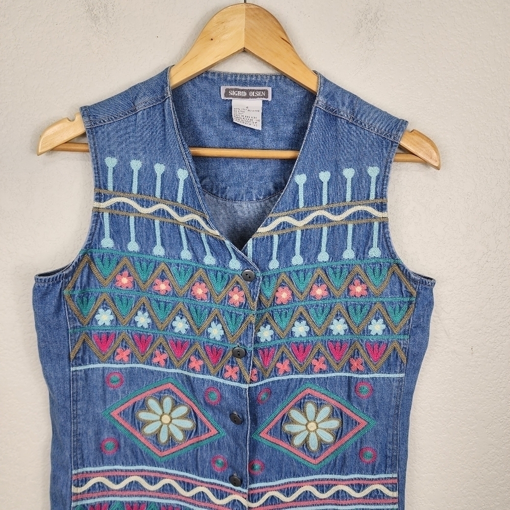 Sigrid Olsen Denim Embroidered Boho Vest Size 4 - image 5